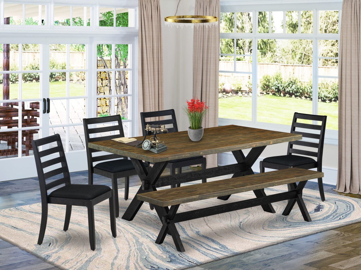 X677X1624-6 Modern Dining Set, Distressed Jacobean - A Dinner Table & A Bench & 4 Stackable Chairs with Black Linen Fabric - 6 Piece