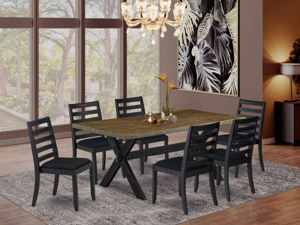 X677X1624-7 Dining Room Set, Distressed Jacobean - A Wooden Table & 6 Stackable Dining Chairs with Black Linen Fabric - 7 Piece