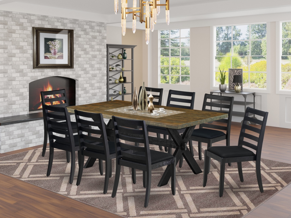 X677X1624-9 Kitchen Table Set, Distressed Jacobean - A Breakfast Table & 8 Stackable Dining Chairs with Black Linen Fabric - 9 Piece