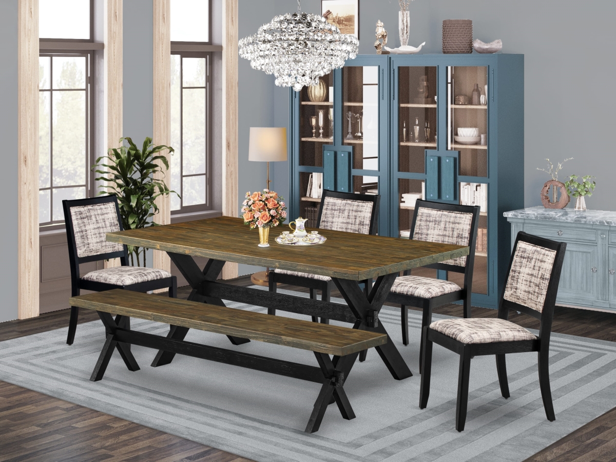X677X2630-6 Dining Set, Distressed Jacobean - A Table a Bench & 4 Stackable Chairs with White & Gray Pattern Faux Leather Fabric - 6 Piece