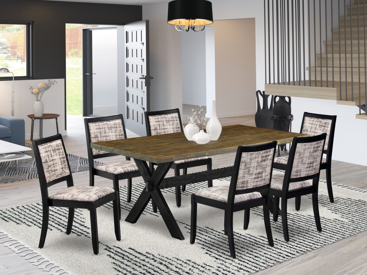 X677X2630-7 Kitchen Table Set, Distressed Jacobean - A Table & 6 Stackable Chairs with White & Gray Pattern Faux Leather Fabric - 7 Piece