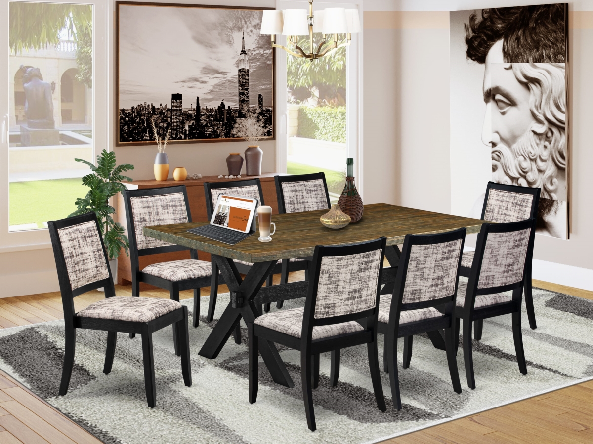 X677X2630-9 Dining Room Set, Distressed Jacobean - A Table & 8 Stackable Chairs with White & Gray Pattern Faux Leather Fabric - 9 Piece