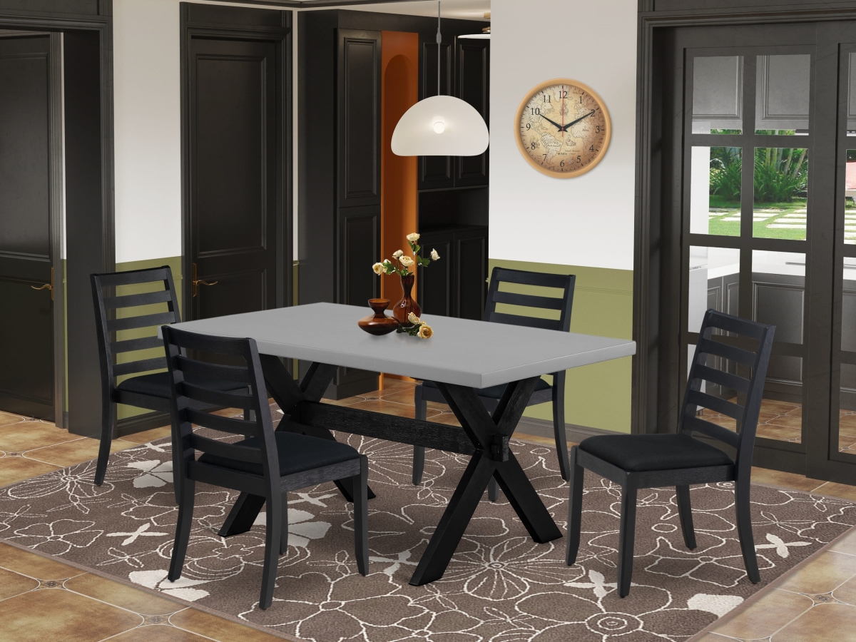 X696X1624-5 Modern Dining Set, Cement - A Breakfast Table & 4 Stackable Dining Chairs with Black Linen Fabric - 5 Piece