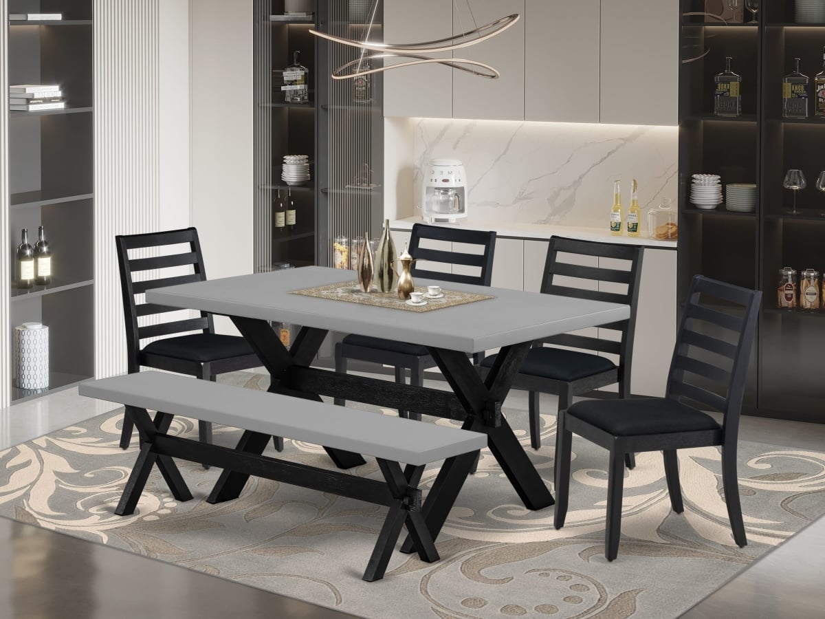 X696X1624-6 Kitchen Set, Cement - A Wooden Table a Bench & 4 Stackable Kitchen Chairs with Black Linen Fabric - 6 Piece