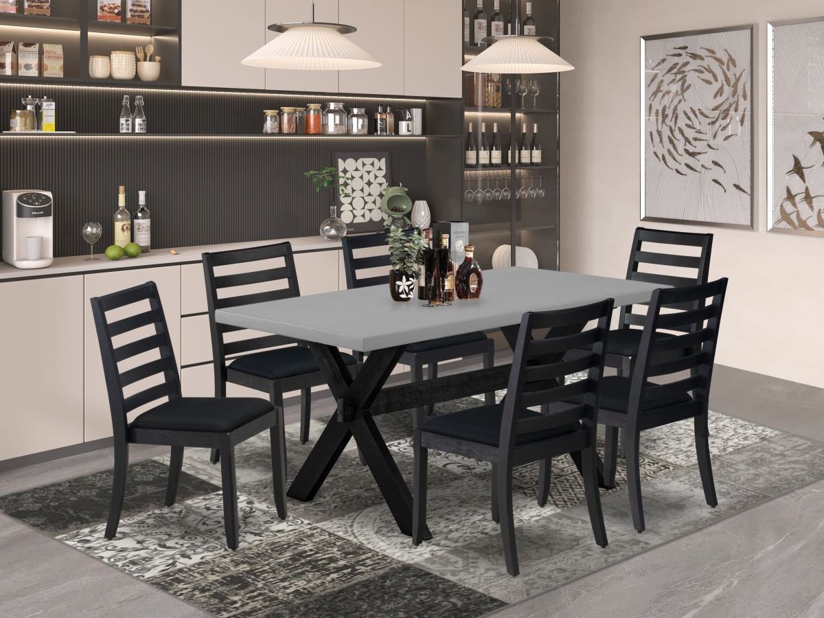 X696X1624-7 Kitchen Table Set, Cement - A Dining Table & 6 Stackable Dining Chairs with Black Linen Fabric - 7 Piece