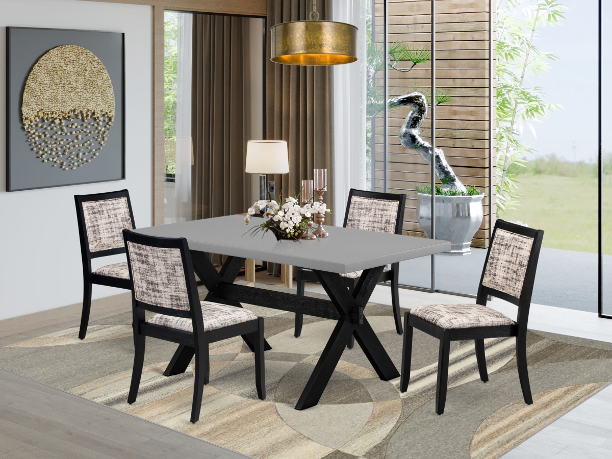 X696X2630-5 Kitchen Table Set, Cement - A Table & 4 Stackable Chairs with White & Gray Pattern Faux Leather Fabric - 5 Piece