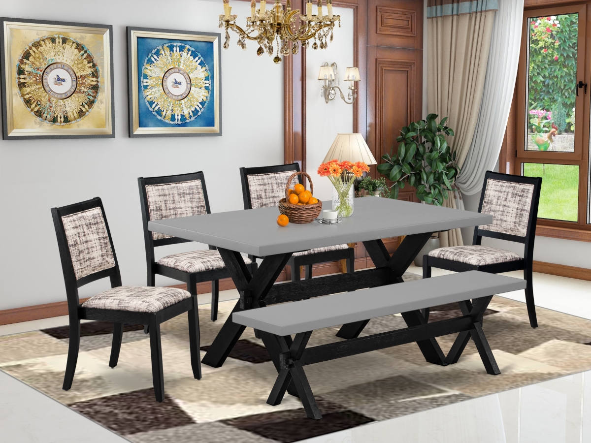 X696X2630-6 Dining Set, Cement - A Table a Bench & 4 Stackable Chairs with White & Gray Pattern Faux Leather Fabric - 6 Piece