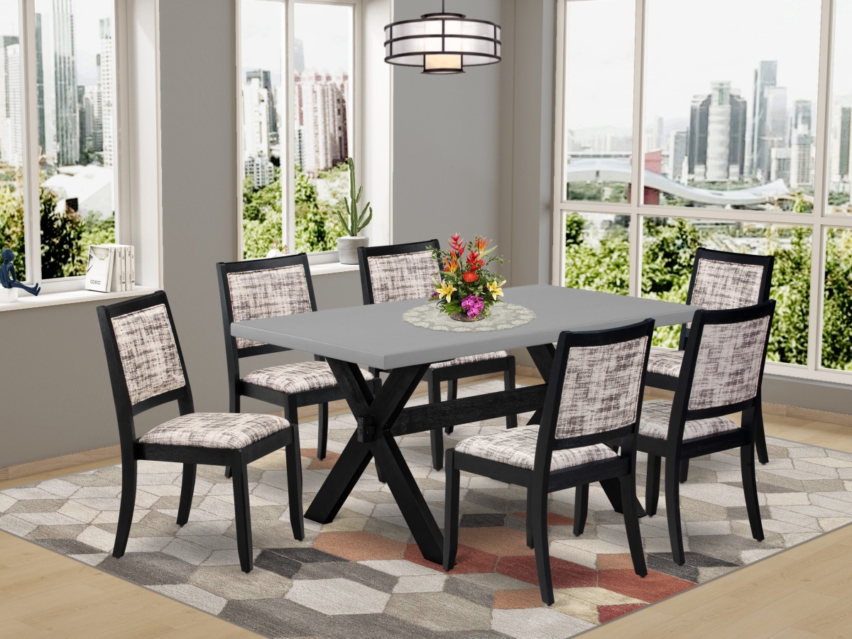 X696X2630-7 Kitchen Table Set, Cement - A Table & 6 Stackable Chairs with White & Gray Pattern Faux Leather Fabric - 7 Piece