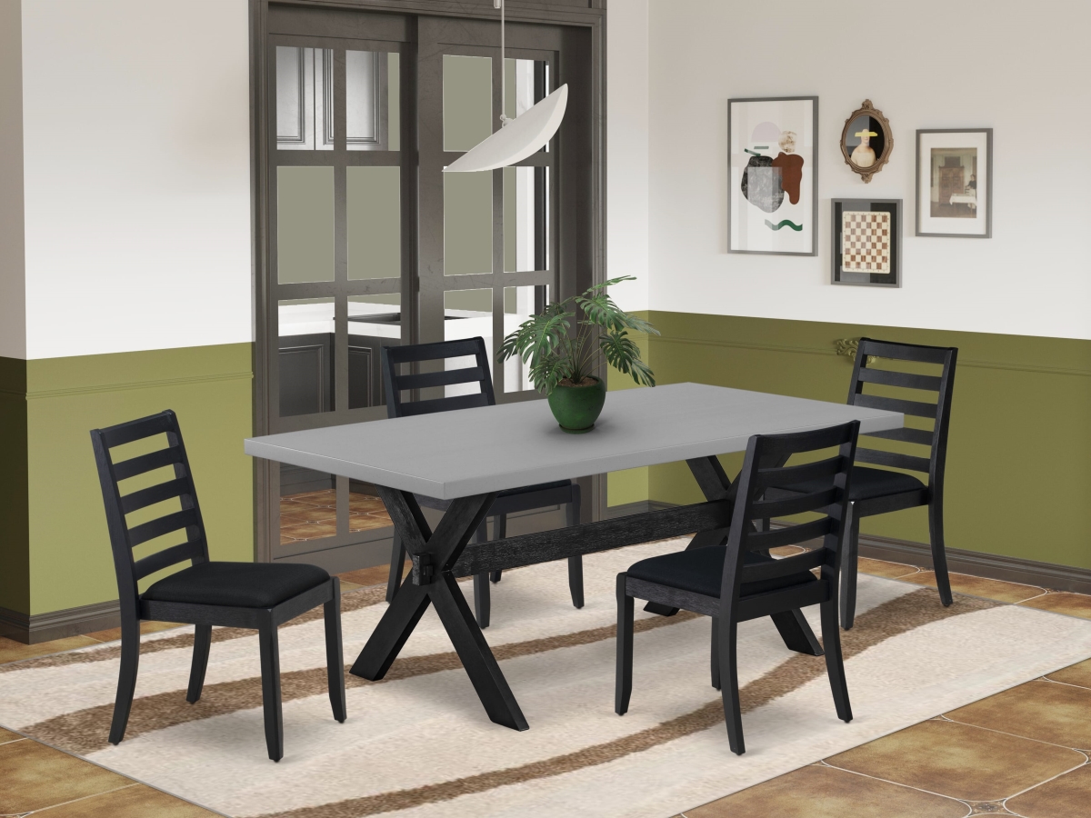 X697X1624-5 Kitchen Dining Set, Cement - A Wooden Table & 4 Stackable Chairs with Black Linen Fabric - 5 Piece