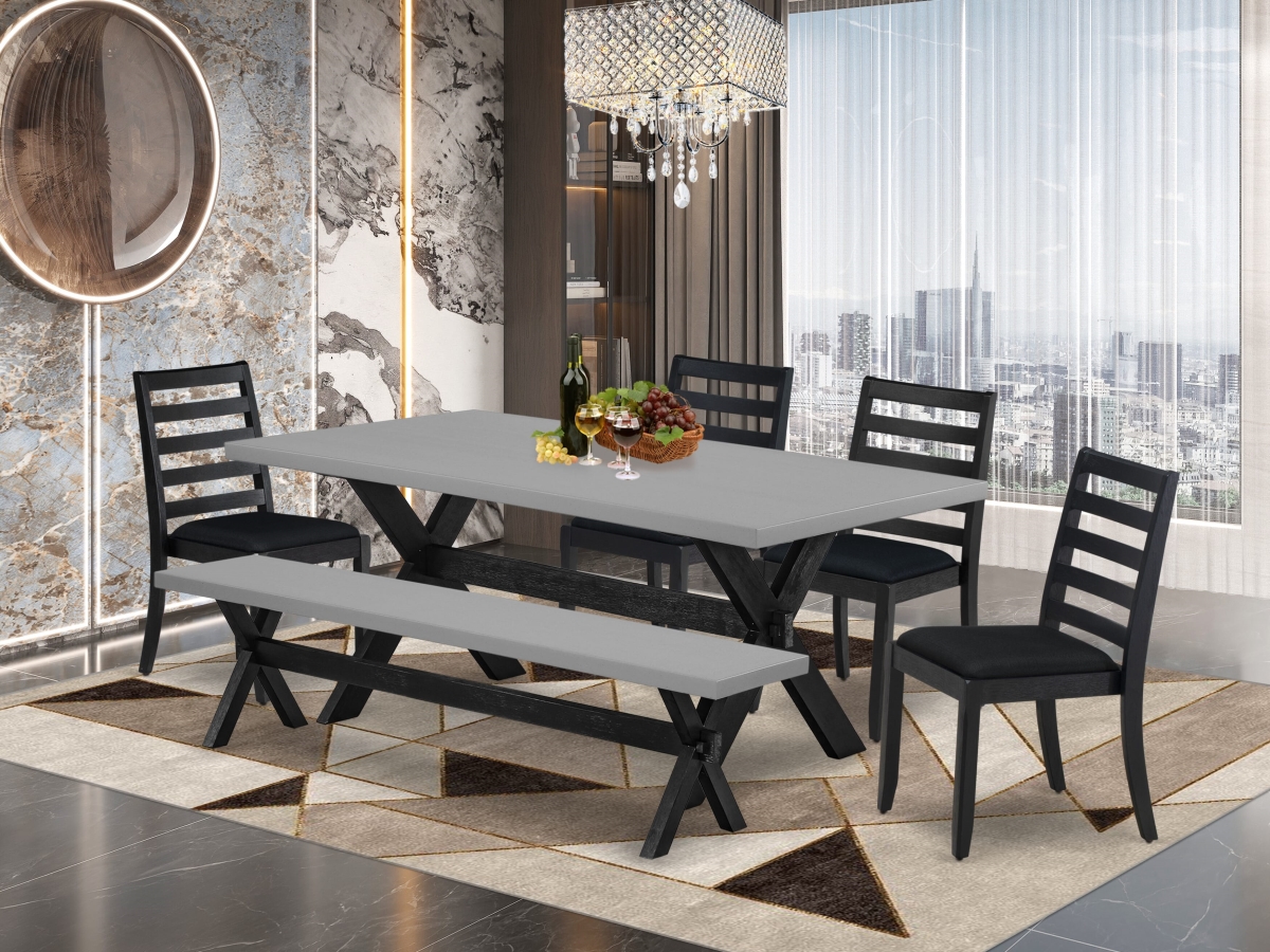 X697X1624-6 Dining Set, Cement - A Dining Table & A Bench & 4 Stackable Dining Chairs with Black Linen Fabric - 6 Piece