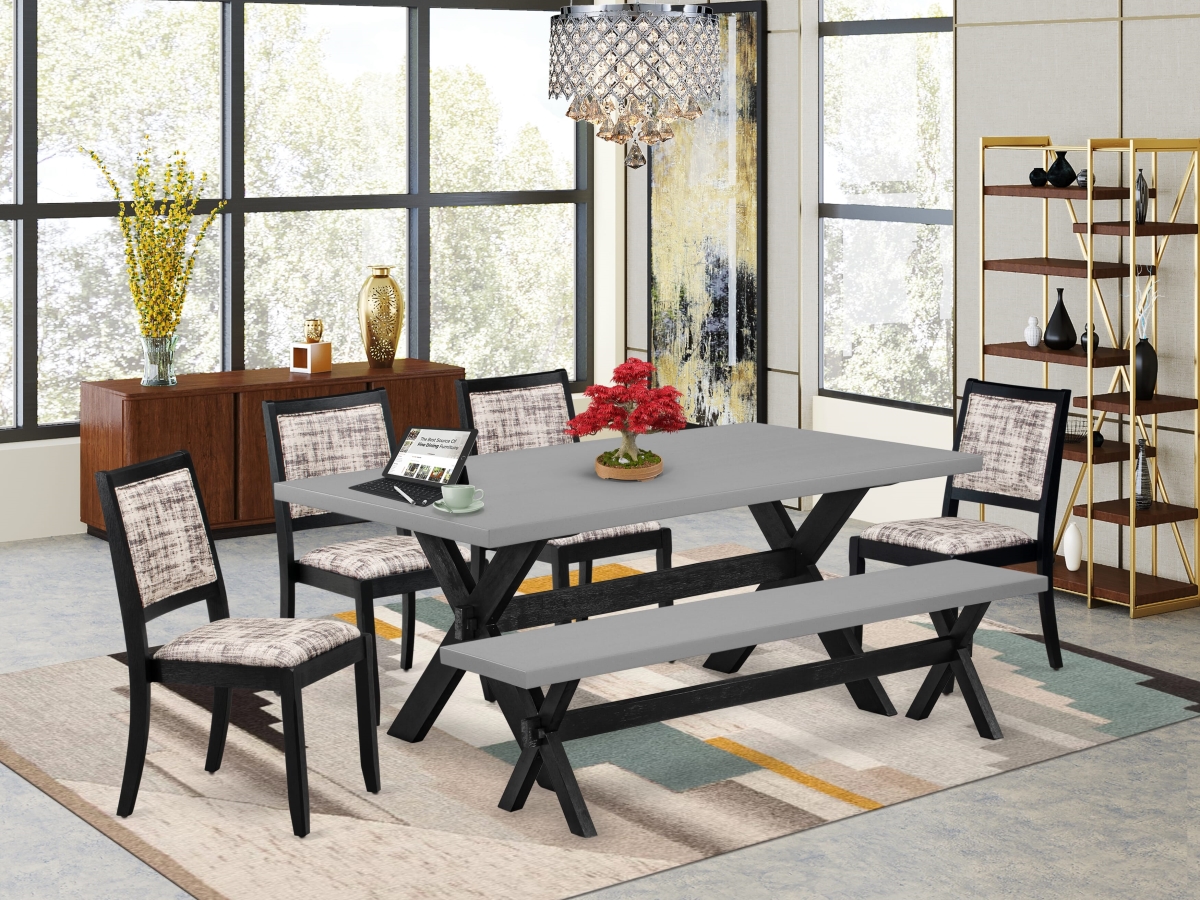 X697X2630-6 Dining Set, Cement - A Table & A Bench & 4 Stackable Chairs with White & Gray Pattern Faux Leather Fabric - 6 Piece