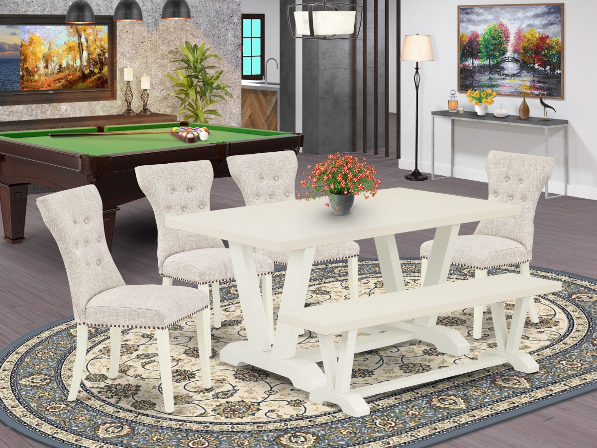 V026GA235-6 Kitchen Dinette Set, Multi Color - Doeskin Linen Fabric Seat & Button Tufted Chair Back Parson Dining Room Chairs - 6 Piece