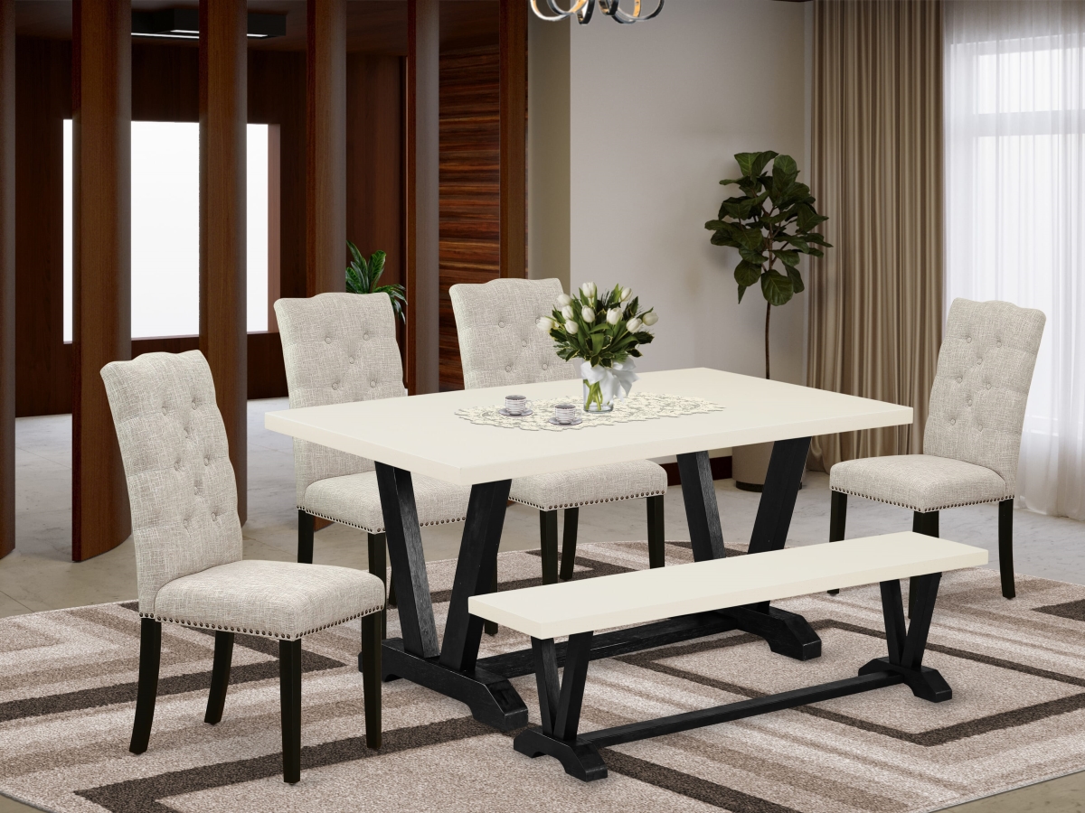V626EL635-6 Dinette Set, Multi Color - Doeskin Linen Fabric Seat & Button Tufted Chair Back Kitchen Parson Chairs - 6 Piece