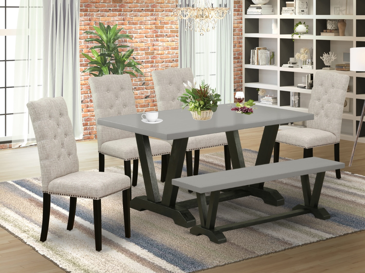 V696EL635-6 Dining Set, Multi Color - Doeskin Linen Fabric Seat & Button Tufted Chair Back Parson Chairs - 6 Piece