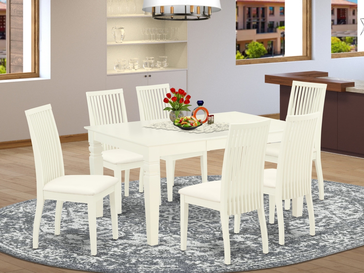 Dining Set, Linen White - A Modern Table & 6 Linen White Linen Fabric Wooden Kitchen Chairs - Wire Brushed Linen White Finish - 7 Piece