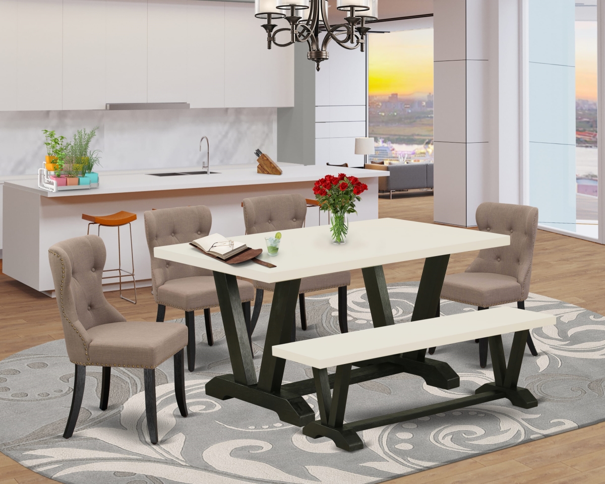 V626SI648-6 Dinette Set, Multi Color - Coffee Linen Fabric Seat & Button Tufted Back Dining Chairs - 6 Piece