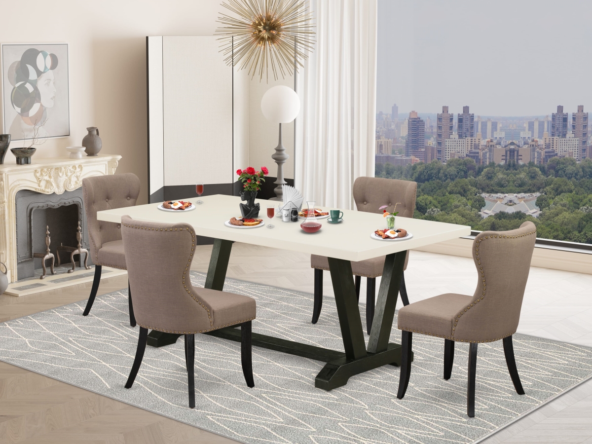 V627SI648-5 Table Dining Set, Multi Color - Coffee Linen Fabric Seat & Button Tufted Back Dining Chairs - 5 Piece