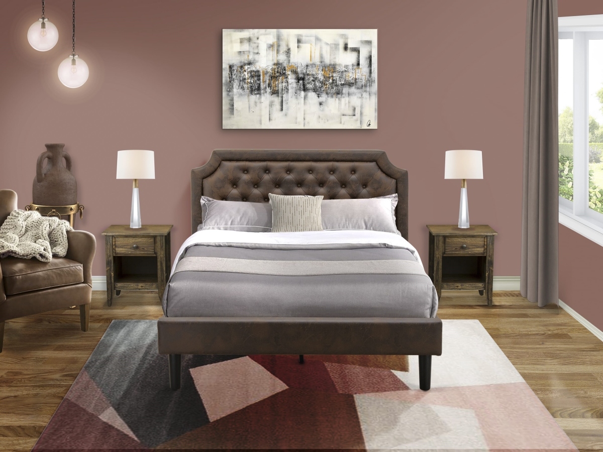 Queen Bed Set with A Platform Bed & 2 Distressed Jacobean Nightstands, Black Textured - Dark Brown Faux Leather & Black Legs - 3 Piece