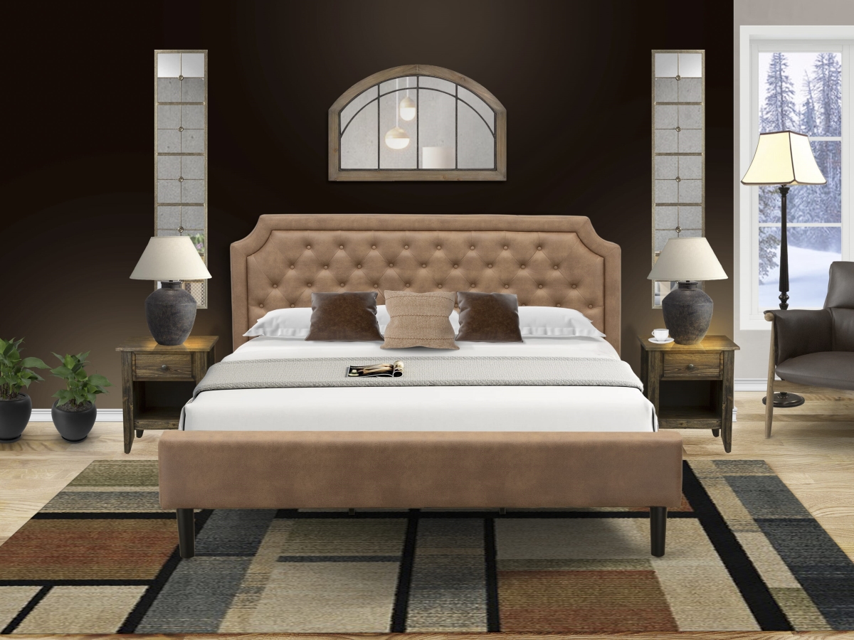 GB28K-2GA07 Platform Bed Set with A Modern Bed & 2 Distressed Jacobean End Tables - Brown Faux Leather & Black Legs - 3 Piece