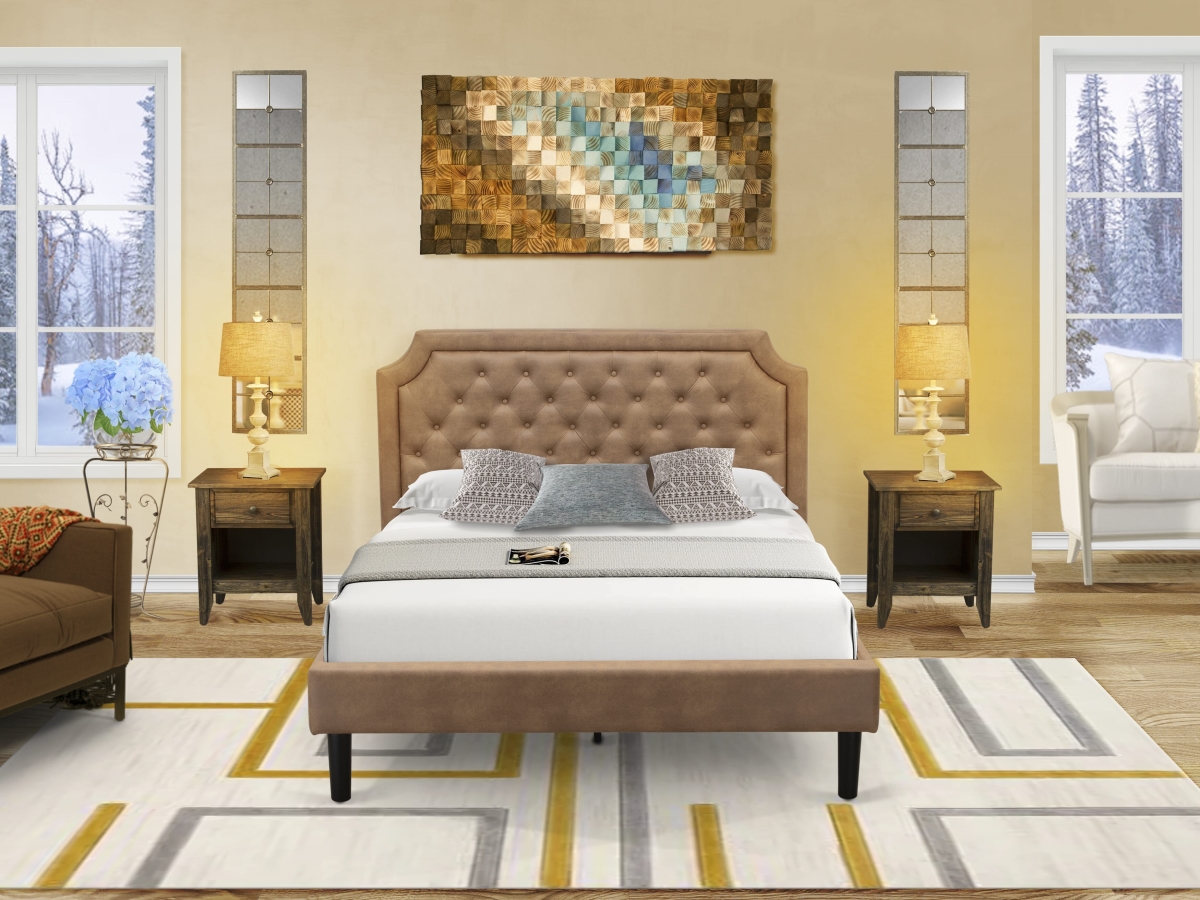 GB28Q-2GA07 Bedroom Set with A Queen Size Bed & 2 Distressed Jacobean End Tables - Brown Faux Leather & Black Legs - 3 Piece
