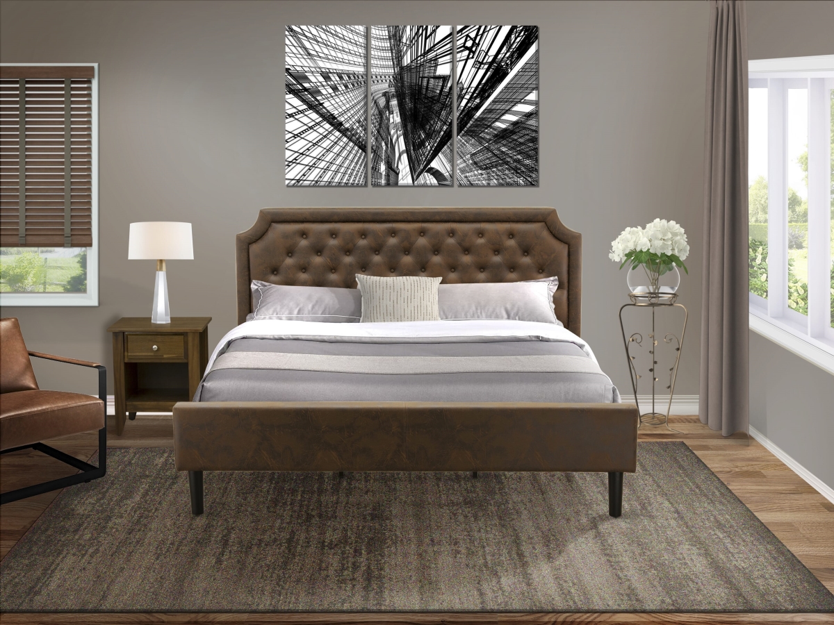 GB25K-1GA08 Platform Bed Set with Modern Bed & Antique Walnut Wood Night Stand, Black Textured - Dark Brown Faux Leather & Black Legs - 2 Piece