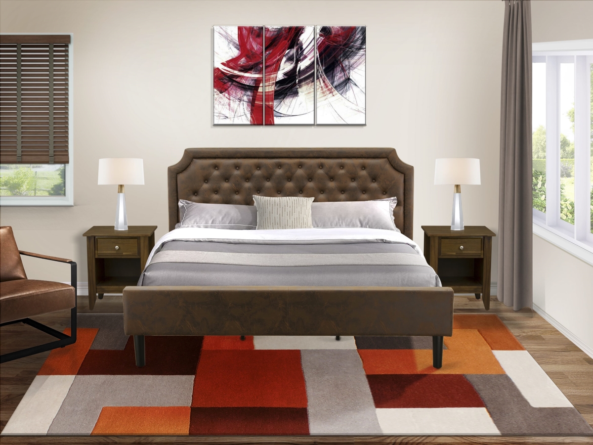 Bedroom Set with A King Bed & 2 Antique Walnut Mid Century Nightstands, Black Textured - Dark Brown Faux Leather & Black Legs - 3 Piece