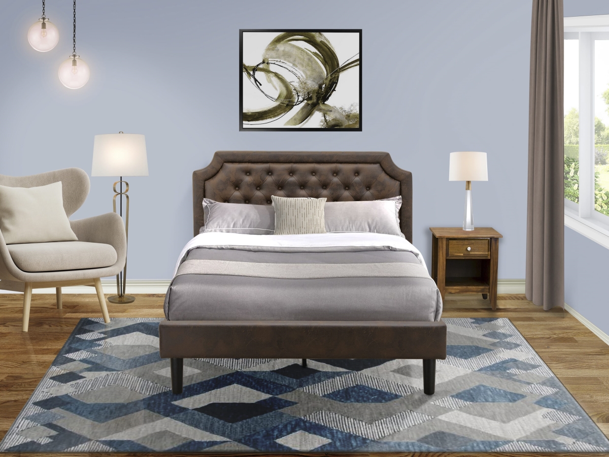 GB25Q-1GA08 Bedroom Set with A Queen Bed & 1 Antique Walnut Modern Nightstand, Black Textured - Dark Brown Faux Leather & Black Legs - 2 Piece