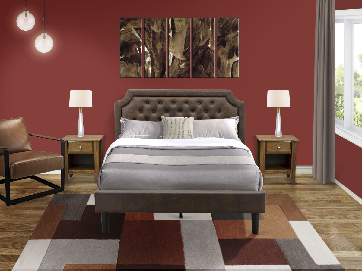 Platform Bed Set with A Queen Size Bed & 2 Antique Walnut Night Stands, Black Textured - Dark Brown Faux Leather & Black Legs - 3 Piece