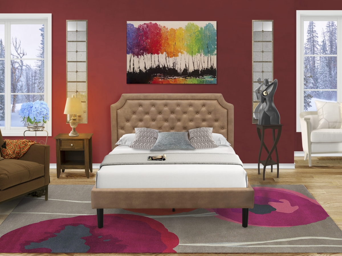 GB28Q-1GA08 Bed Set with A Queen Size Bed & 1 Antique Walnut Mid Century Nightstand - Brown Faux Leather & Black Legs - 2 Piece