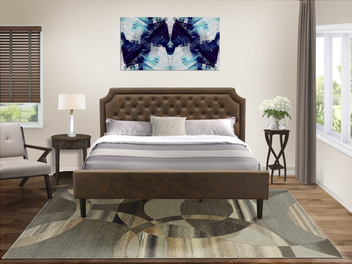 GB25K-1HI07 Granbury King Bed Set with Bed Frame & Distressed Jacobean End Table, Black Textured - Dark Brown Faux Leather & Black Legs - 2 Piece