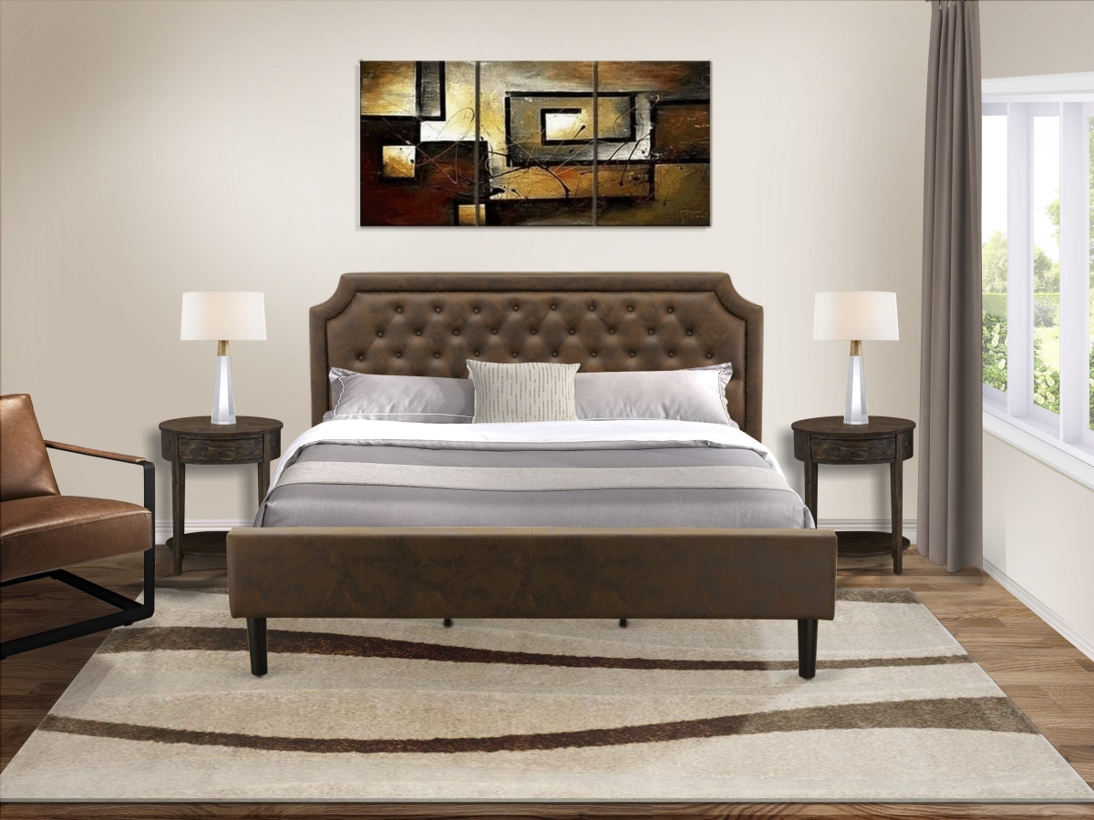 GB25K-2HI07 Bedroom Set with King Bed & 2 Distressed Jacobean Small End Tables, Black Textured - Dark Brown Faux Leather & Black Legs - 3 Piece