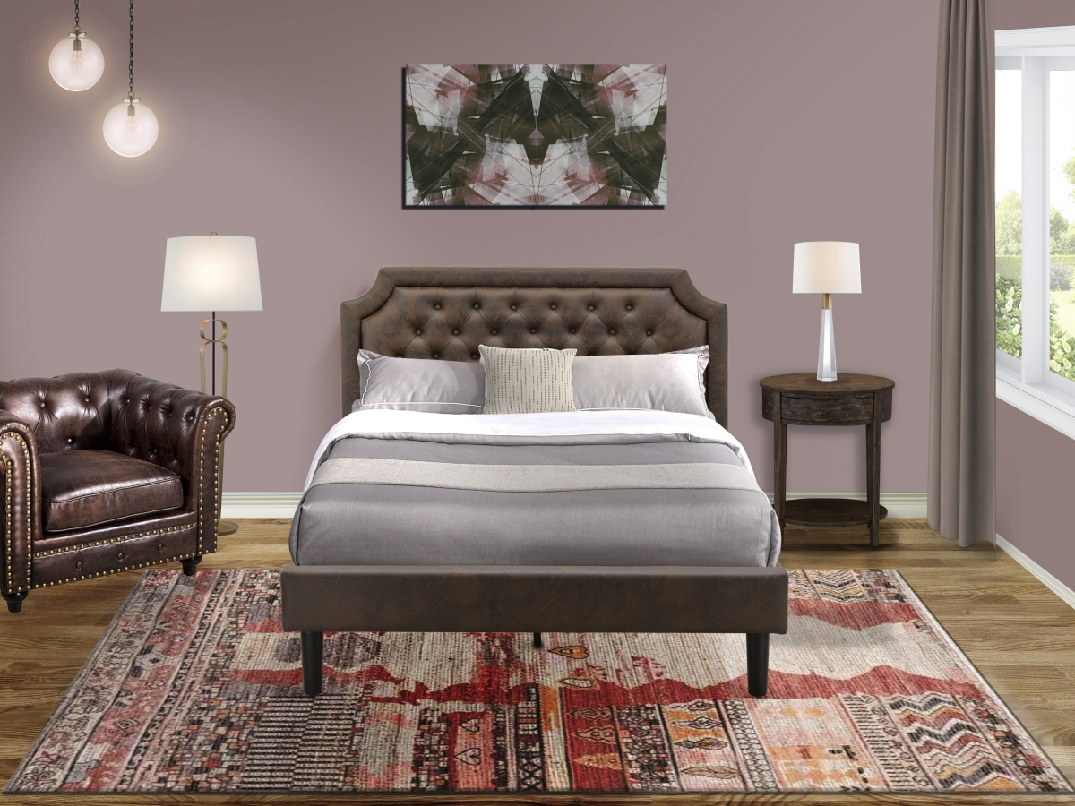 Platform Queen Bedroom Set with Frame & Distressed Jacobean End Table, Black Textured - Dark Brown Faux Leather & Black Legs - 2 Piece