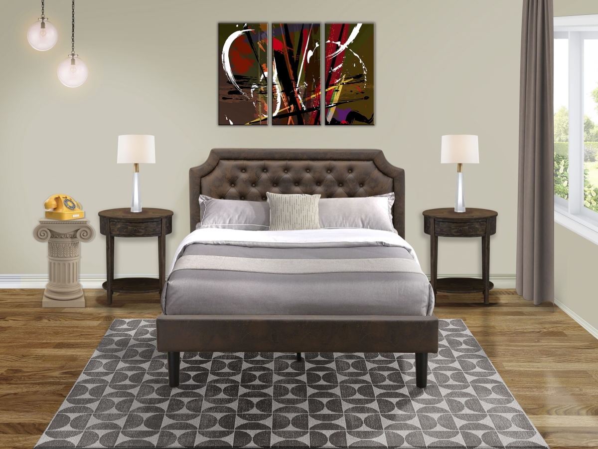 GB25Q-2HI07 Granbury Bed Set with Queen Frame & 2 Distressed Jacobean End Tables, Black Textured - Dark Brown Faux Leather & Black Legs - 3 Piece