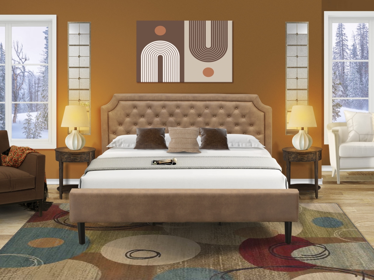 GB28K-2HI07 Granbury Bed Set with A King Bed & 2 Distressed Jacobean Small Nightstands - Brown Faux Leather & Black Legs - 3 Piece