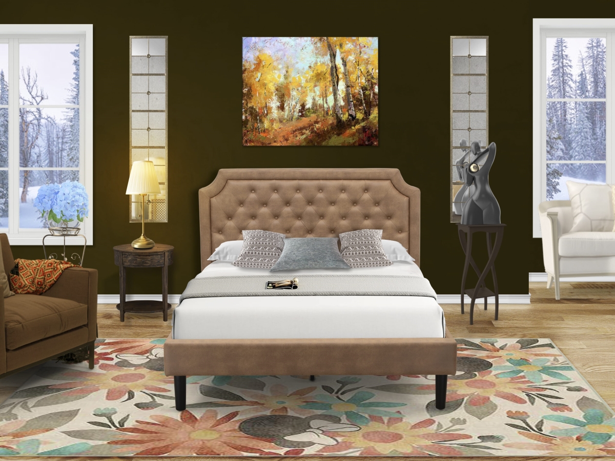GB28Q-1HI07 Platform Bedroom Set with Mid Century Bed & Distressed Jacobean Night Stand, Brown - Brown Faux Leather & Black Legs - 2 Piece