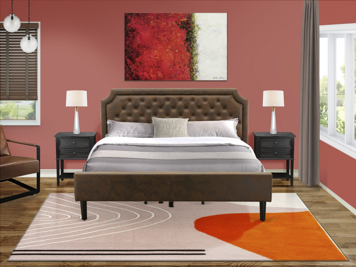 GB25K-2VL06 Granbury Bedroom Set with Frame & 2 Wire Brushed Black Night Stands, Black Textured - Dark Brown Faux Leather & Black Legs - 3 Piece
