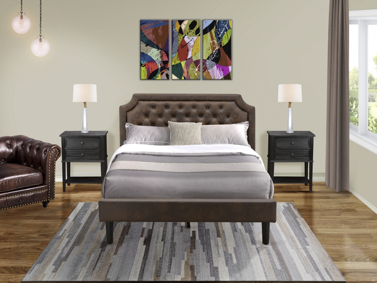 GB25Q-2VL06 Bed Set with Frame & 2 Wire Brushed Black End Tables for Bedroom, Black Textured - Dark Brown Faux Leather & Black Legs - 3 Piece