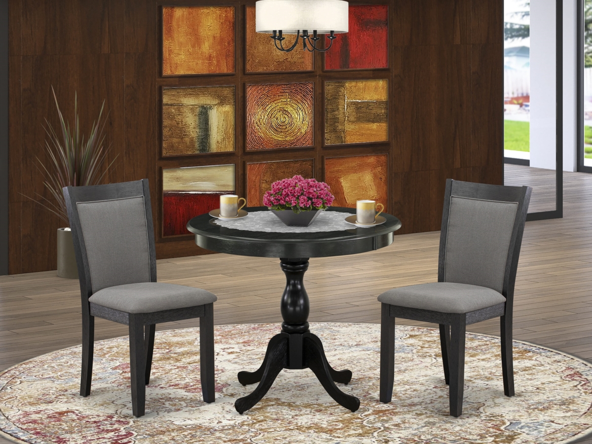 AMMZ3-AB6-50 Dining Set, Wirebrushed Black Finish - A Pedestal Table & 2 Dark Gotham Gray Dining Chairs - 3 Piece