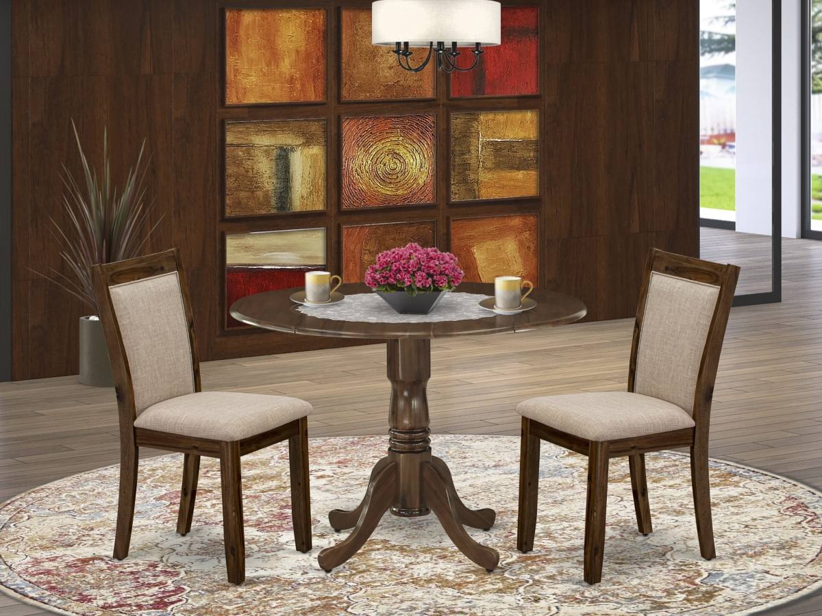DLMZ3-AWN-04 Dining Set, Natural Walnut - A Pedestal Table & 2 Light Tan Dining Chairs - Sand Blasting Antique Walnut Finish - 3 Piece
