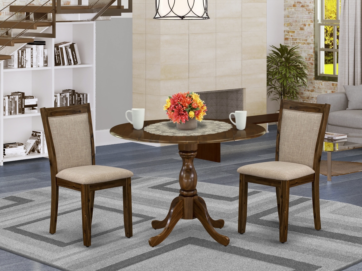 DMMZ3-AWN-04 Dining Room Set, Natural Walnut - A Wood Table & 2 Light Tan Parson Chairs - Sand Blasting Antique Walnut Finish - 3 Piece