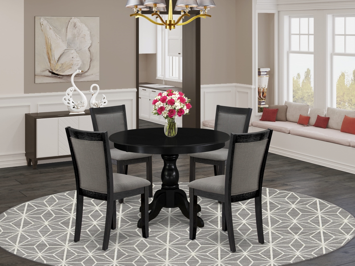 HBMZ5-AB6-50 Dining Set, Wire Brush Black - A Pedestal Table & 4 Dark Gotham Gray Upholstered Chairs - 5 Piece