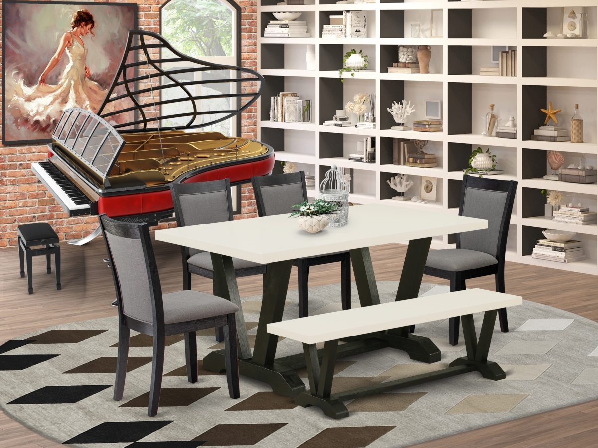 V626MZ650-6 Dinette Set Table with Dining Room Bench & 4 Dark Gotham Gray Chairs, Multi Color - Wire Brushed Black Finish - 6 Piece