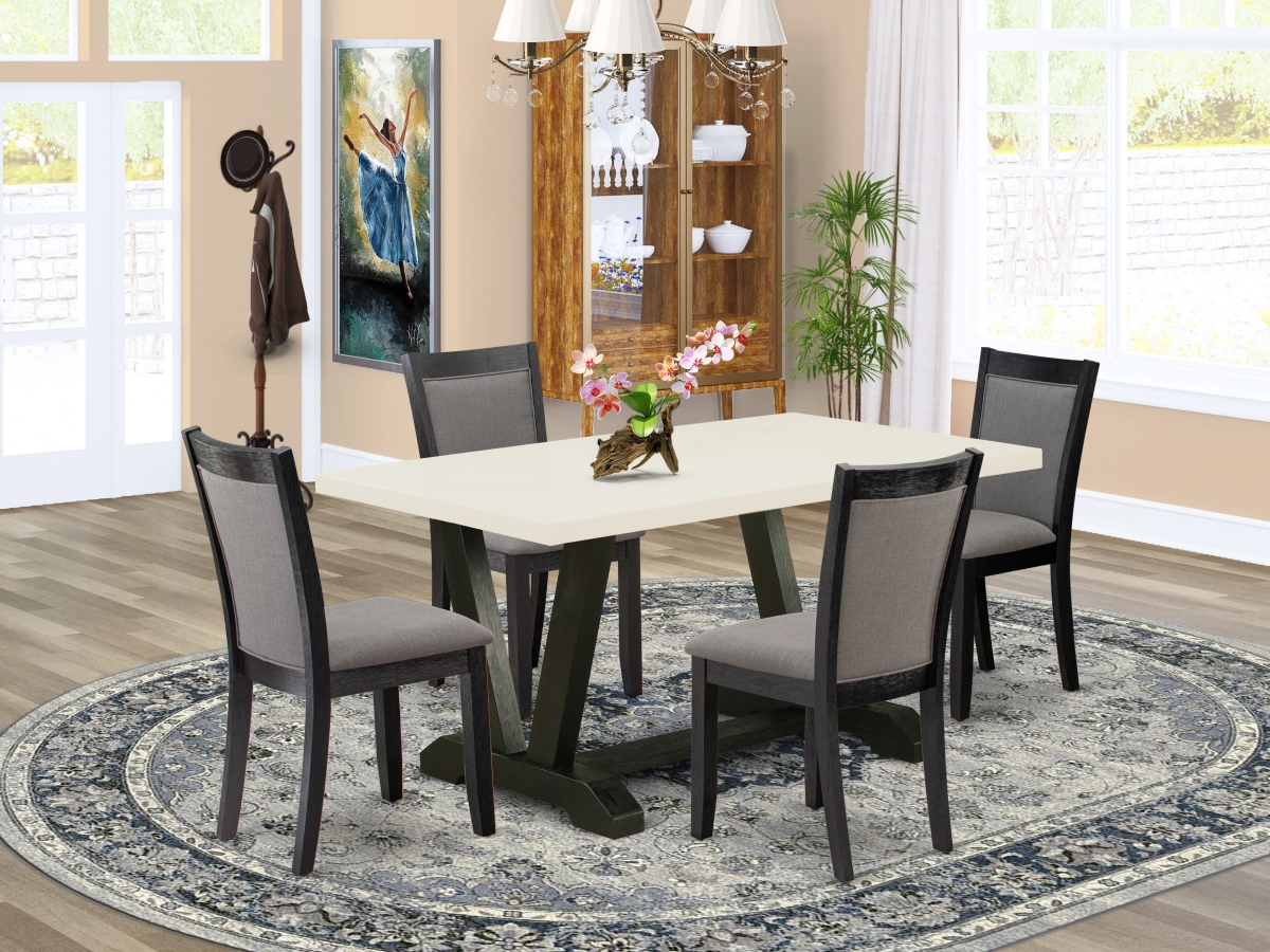 V626MZ650-5 Dining Set Table with 4 Dark Gotham Gray Linen Fabric Dinning Chairs, Multi Color - Wire Brushed Black Finish - 5 Piece