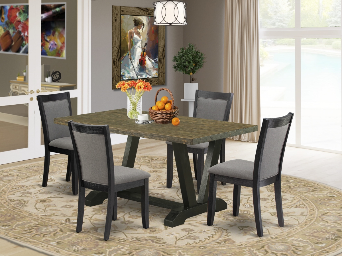 V676MZ650-5 Dining Set, Multi Color - Distressed Jacobean Table with 4 Dark Gotham Gray Linen Fabric Chairs - 5 Piece