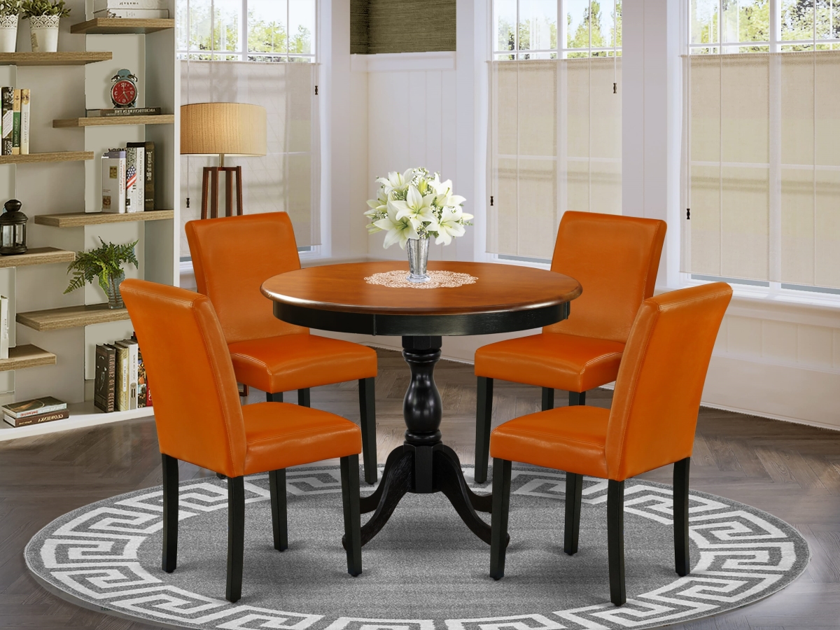 AMAB5-BCH-61 Dining Room Set, Black & Cherry - A Round Dinning Table & 4 Baked Bean Pu Faux Leather Dinner Chairs - 5 Piece