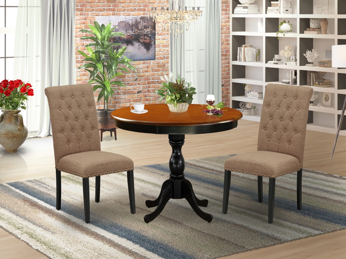 AMBR3-BCH-17 Modern Dining Set, Black & Cherry - A Wooden Dinner Table & 2 Light Sable Linen Fabric Upholstered Dining Chairs - 3 Piece