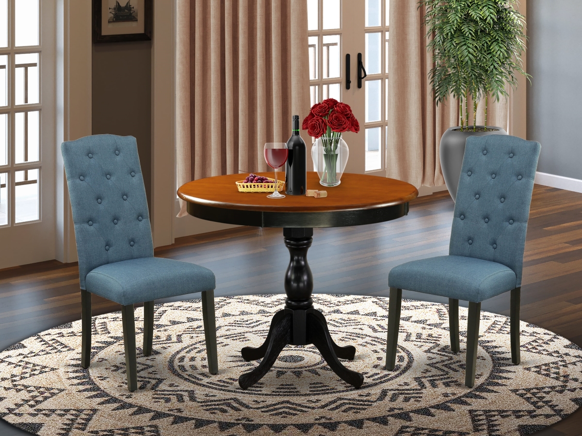 AMCE3-BCH-21 Dining Room Set, Black & Cherry - A Dinette Table & 2 Blue Linen Fabric Mid Century Dining Chairs - 3 Piece