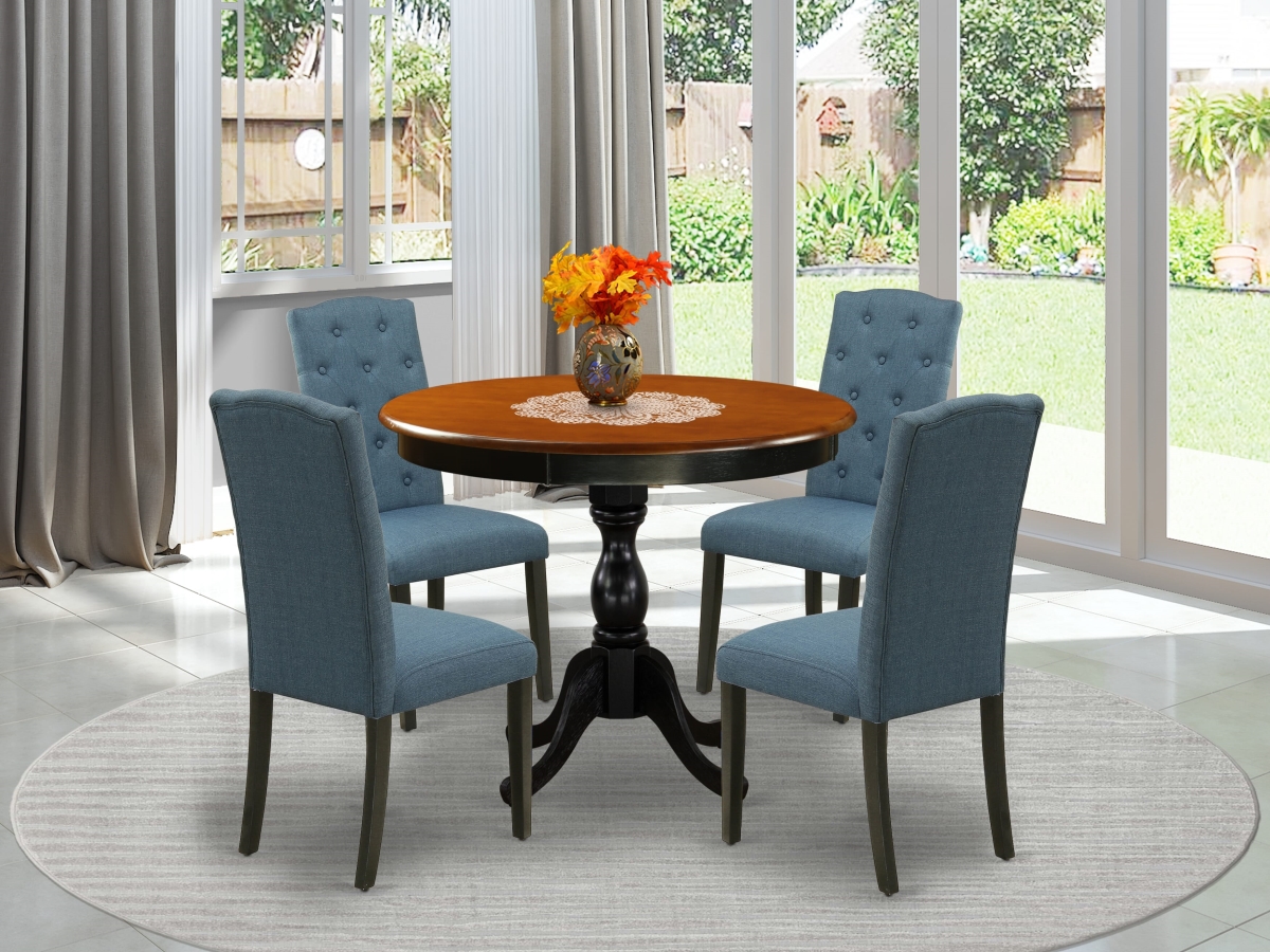 AMCE5-BCH-21 Wooden Dining Set, Black & Cherry - A Wood Kitchen Table & 4 Blue Linen Fabric Parson Chairs - 5 Piece