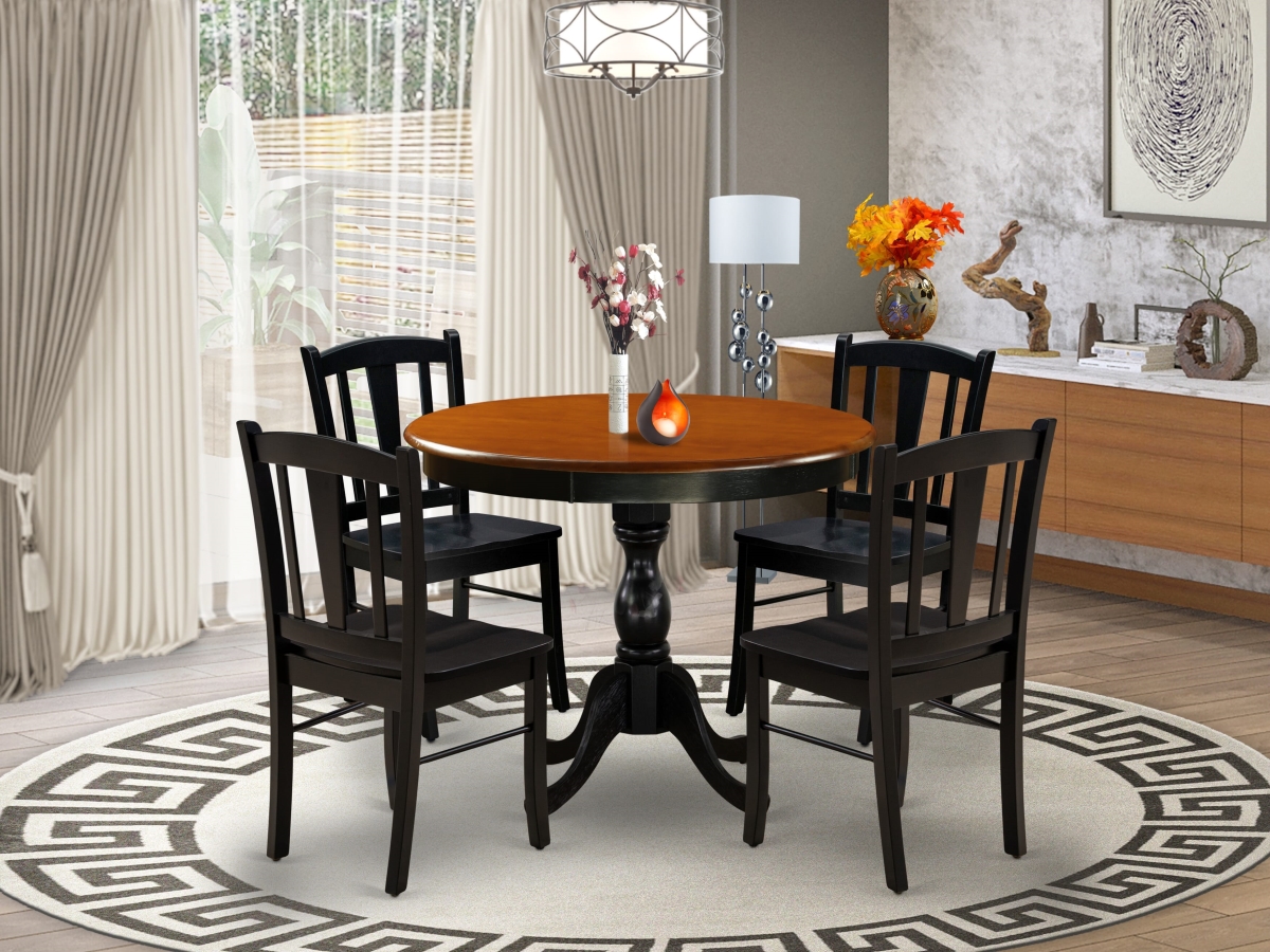 AMDL5-BCH-W Modern Dining Set, Black & Cherry - A Round Wood Table & 4 Dining Room Chairs - 5 Piece