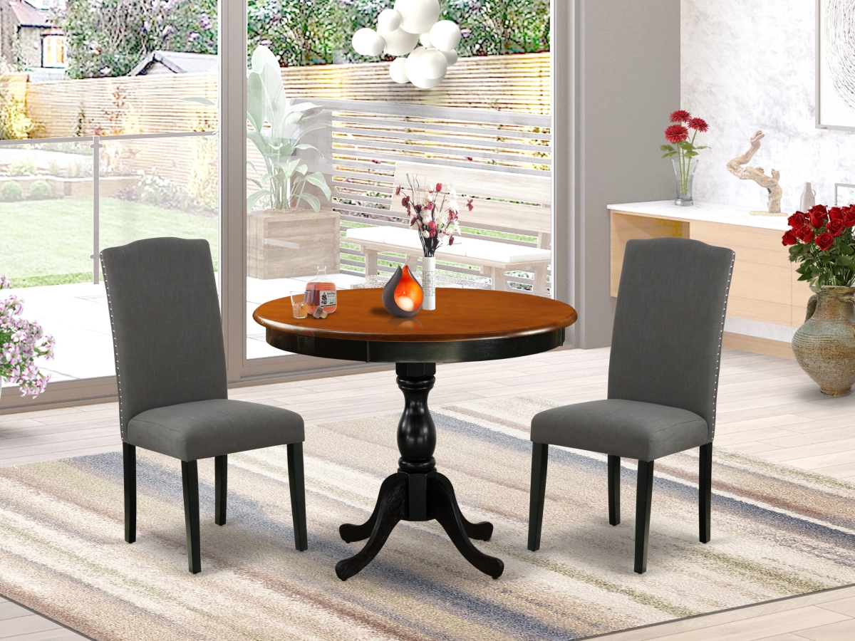 AMEN3-BCH-20 Wooden Dining Set, Black & Cherry - A Wood Table & 2 Dark Gotham Gray Linen Fabric Kitchen Chairs - 3 Piece